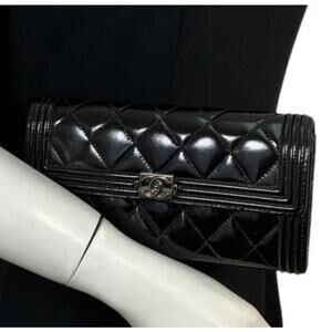 Authentic Chanel Quilted Glazed Aged Long Boy Flap Black Wallet